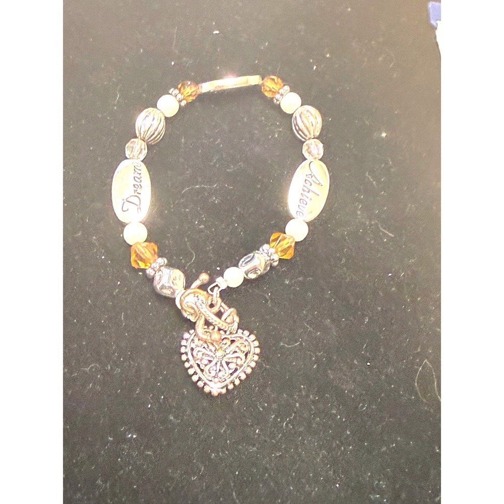 Inspirational Dream Believe Achieve Heart Charm Toggle‎ Bracelet Silver Amber